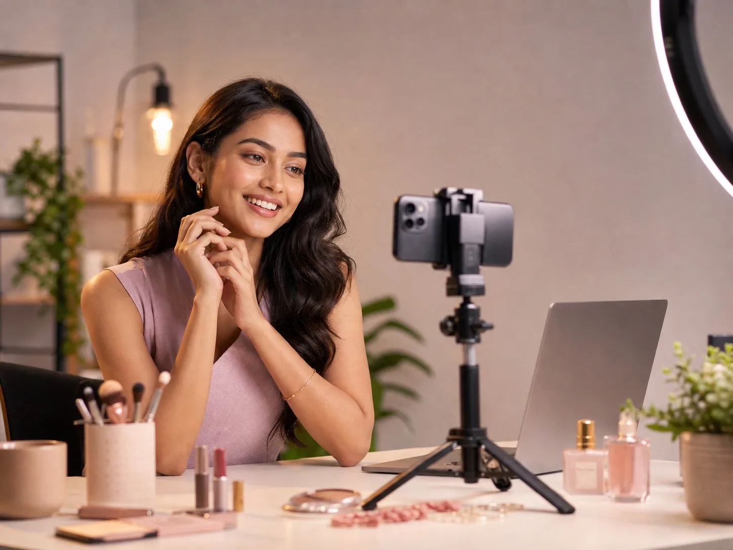 Creator recording a portrait reel with a phone and studio light