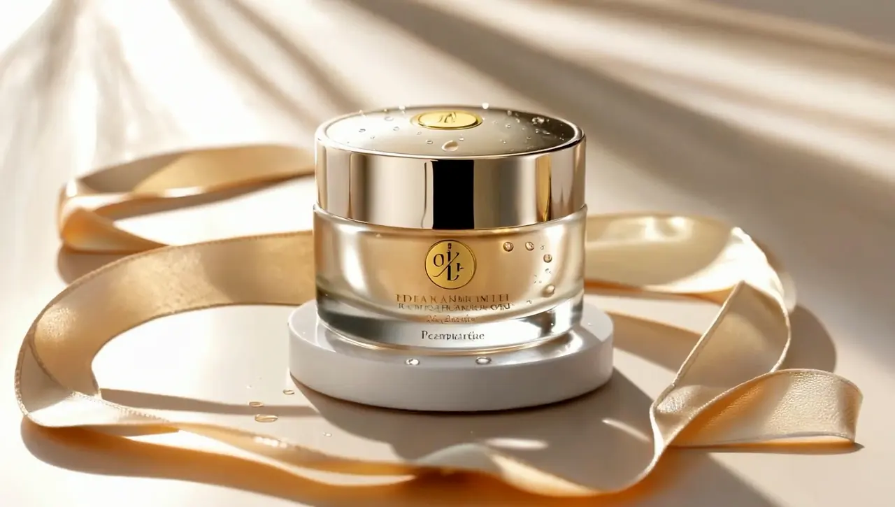 Luxury gold skincare jar with satin ribbon